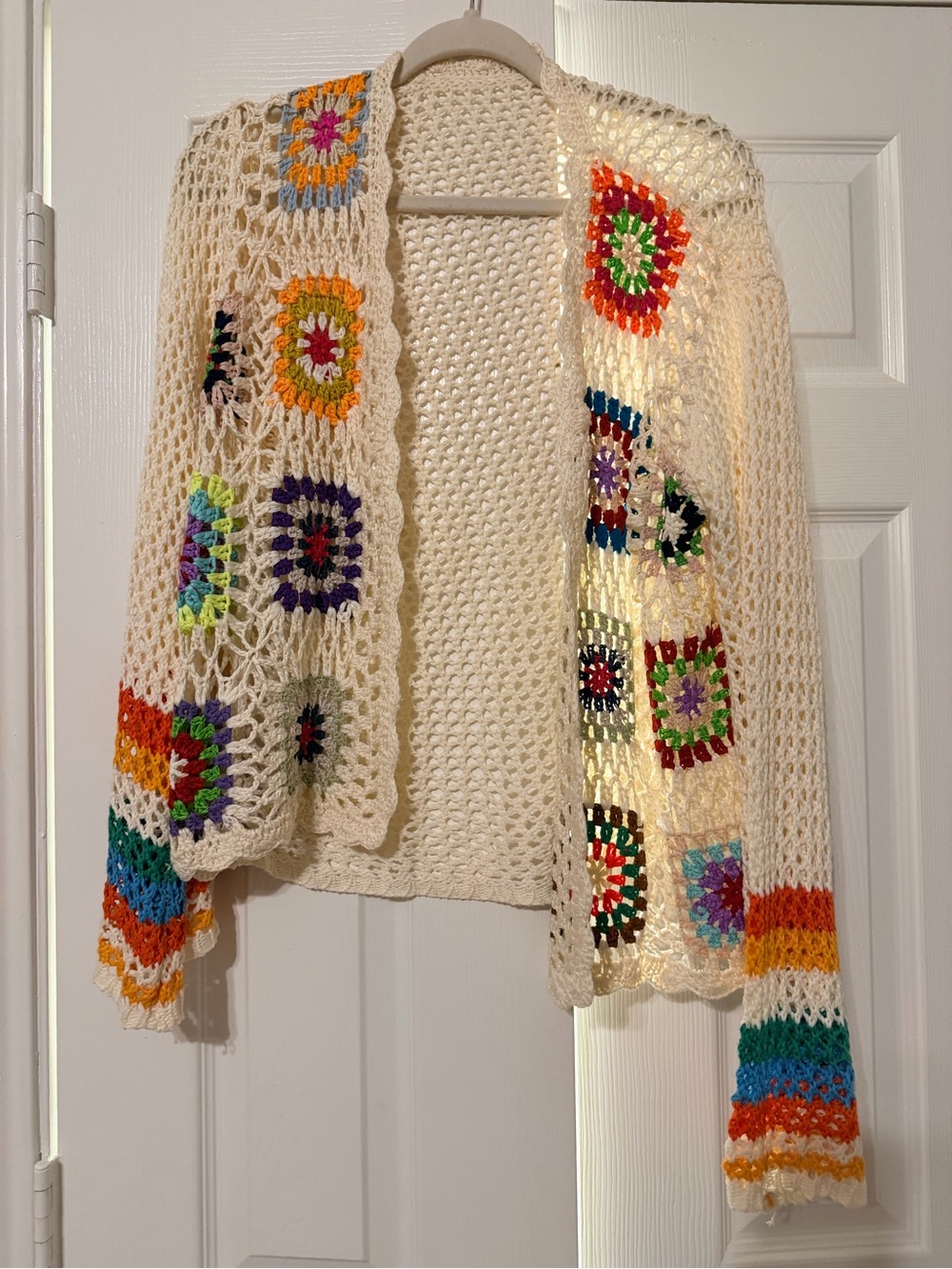 Cream Crochet Open-Front Sweater with Multicolor Squares - Picture 1 of 2